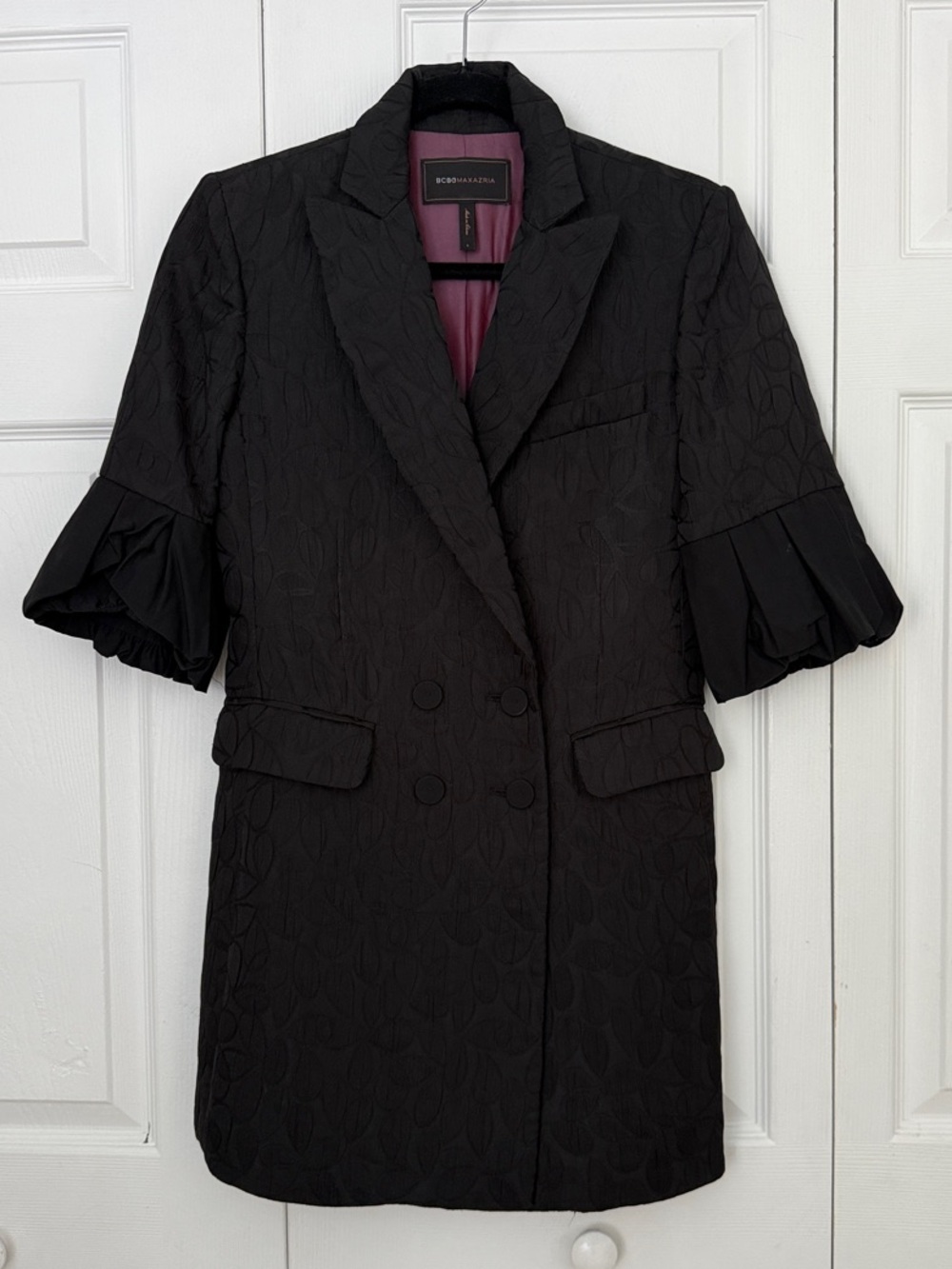 BCBGMaxAzria Black Jacquard Statement Short-Sleeve Double-Breasted Blazer Size S
